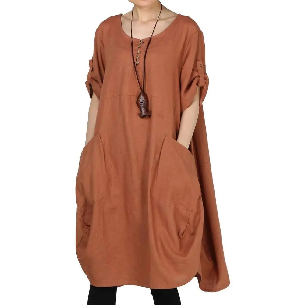 Women's Plus Size Tunic Dress Summer Cotton Linen T Shirt Knee-Length Dresses