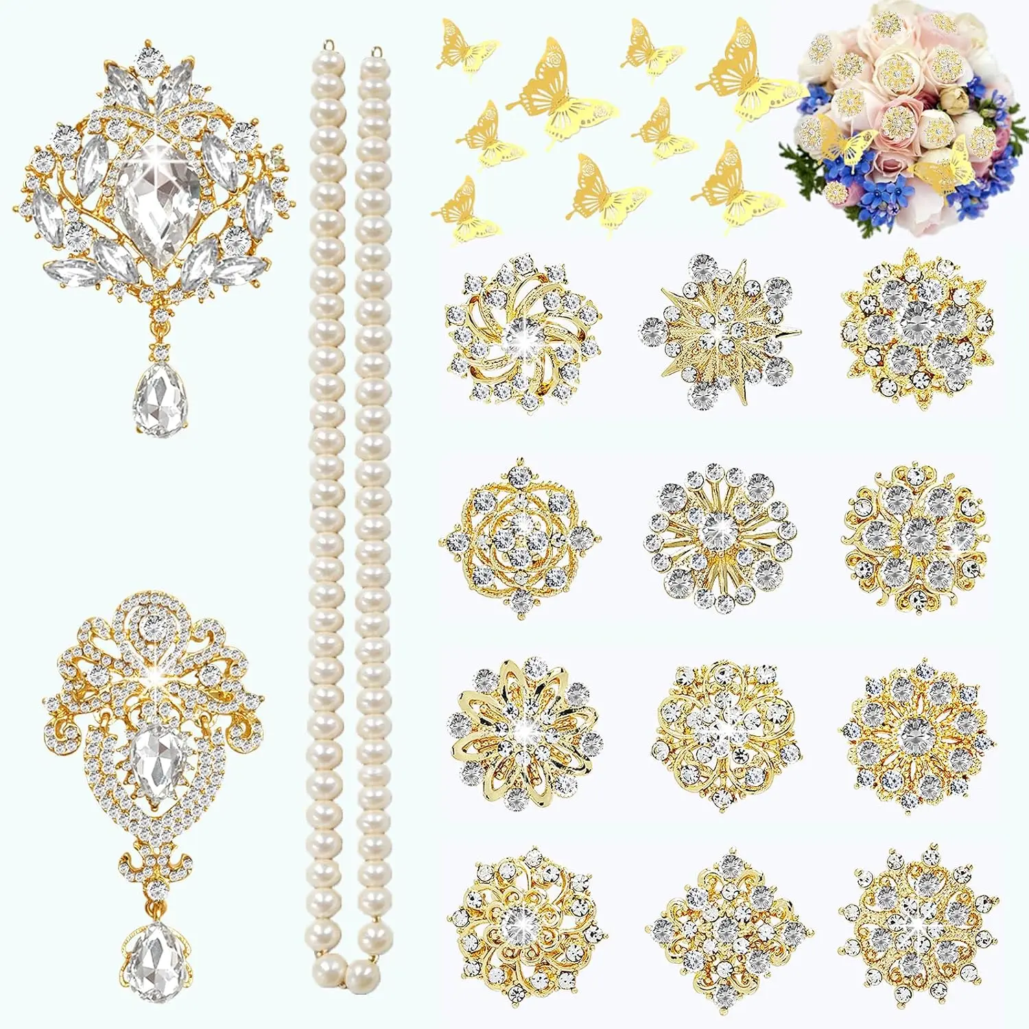 Rhinestone Brooches Pin Kits   Brooches for Bouquets for Wedding Decoration Accessories  Making Crafts(-14PCS)