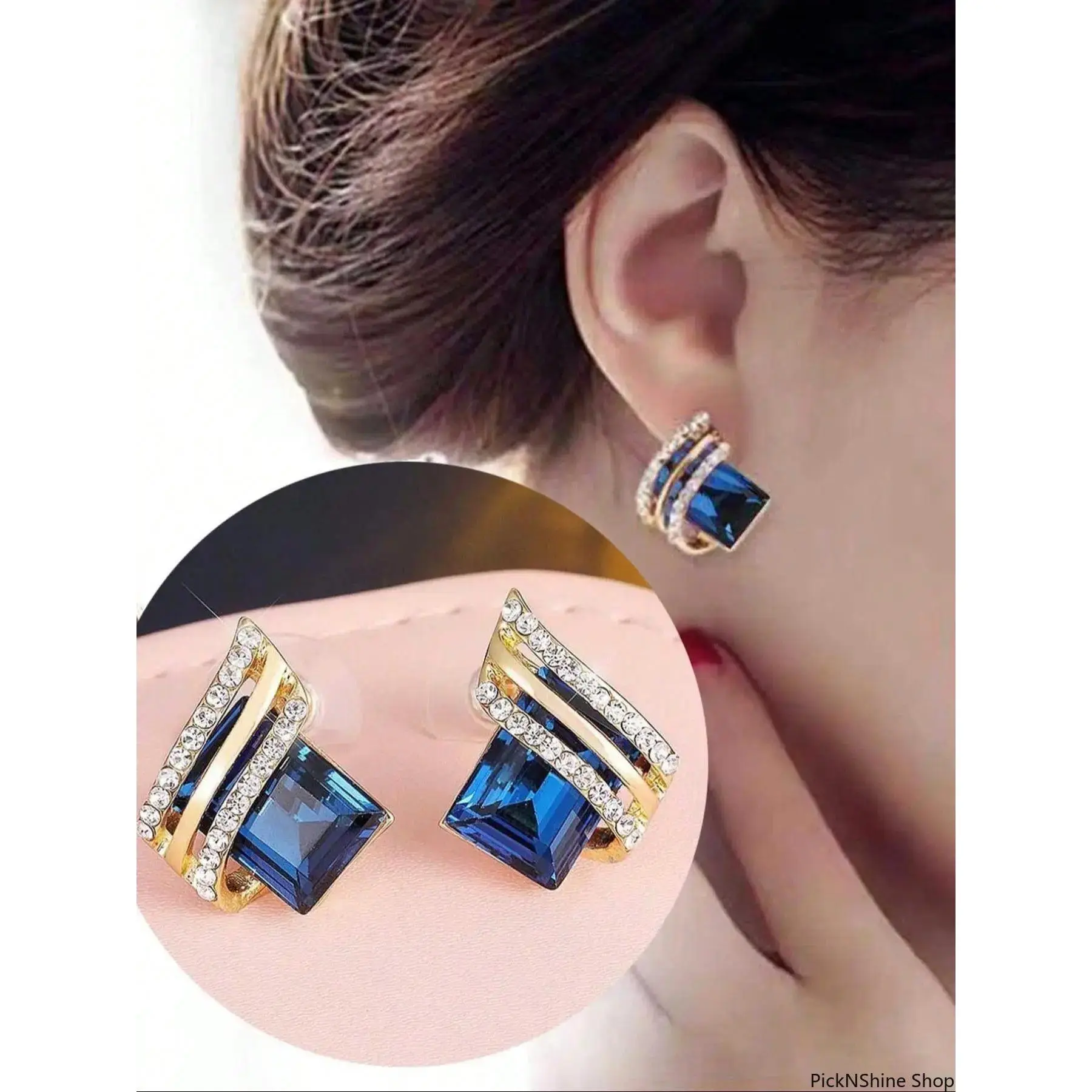 Women's Retro Blue Square Synthetic Crystal Stud Earrings - Elegant Geometric Fashion Jewelry for Wedding, Daily Wear, Shining Earrings for Adults