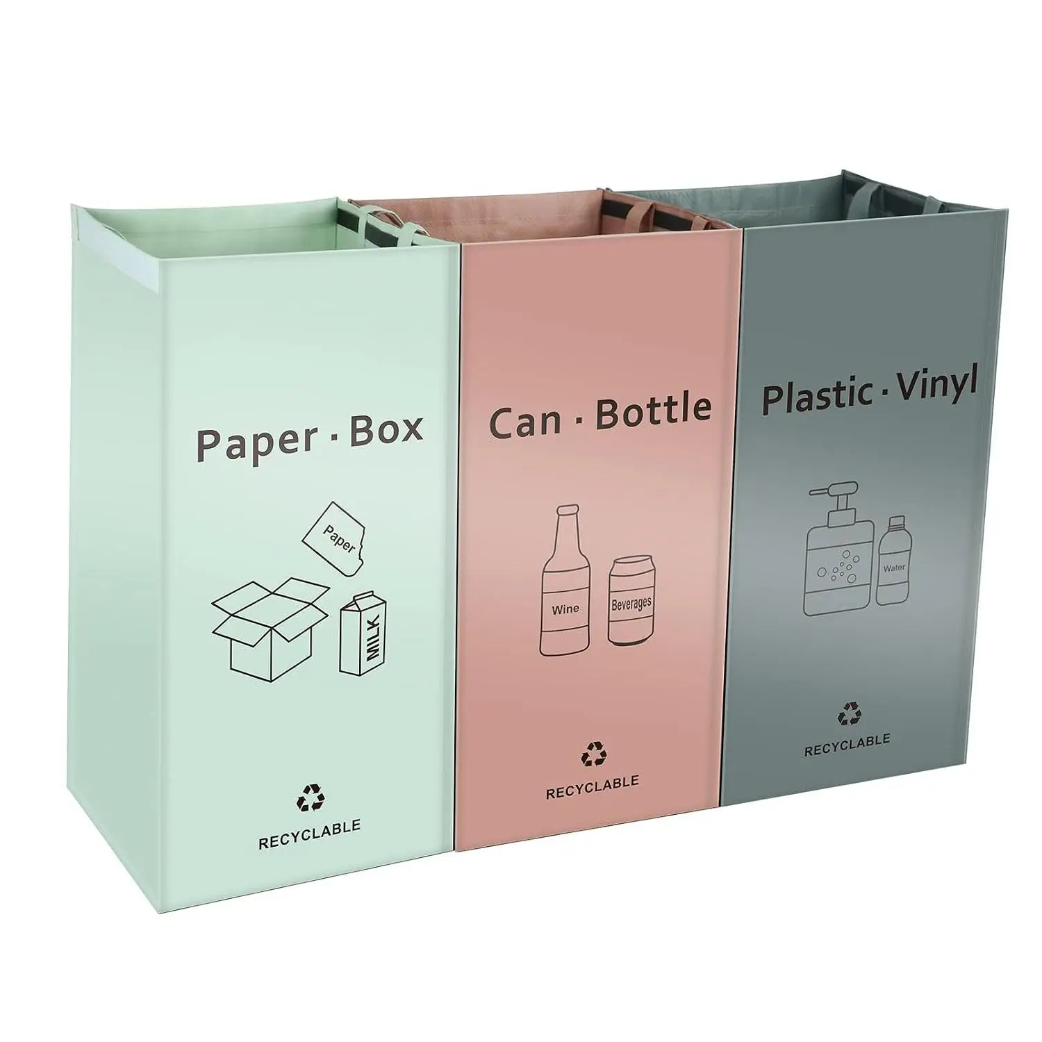 3-pack reusable waterproof recycling bags in pink, green, gray, for kitchen waste sorting and indoor recycle bins