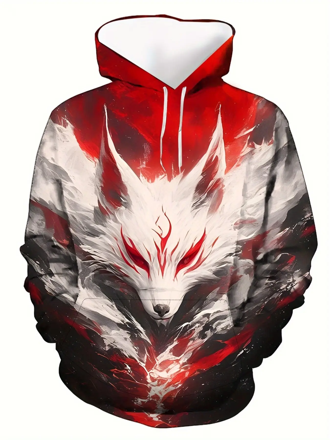 Men's Nine-Tailed Fox 3D Full Print Hoodie, Ink Brush Mythical Fox Pattern, Drawstring Pullover, Casual Long Sleeve Sweatshirt