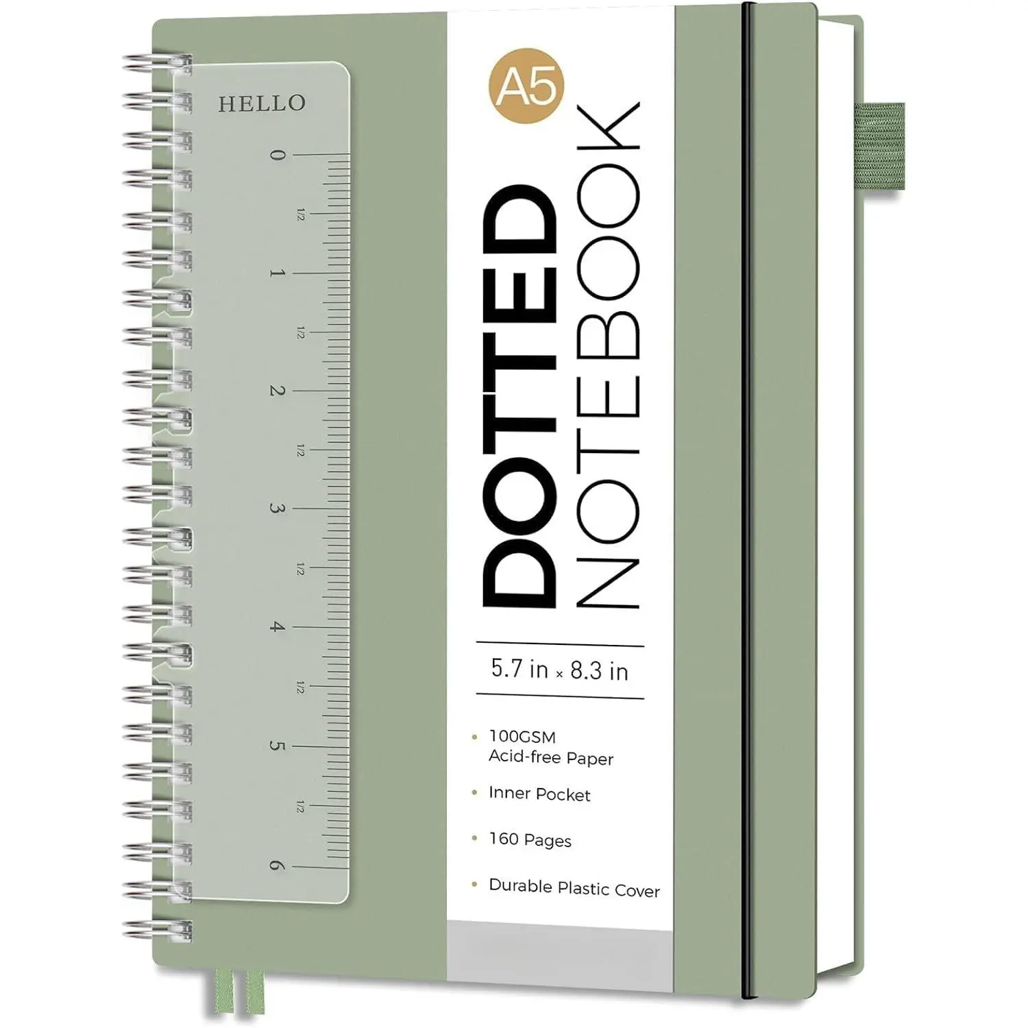 Modern A5 Spiral Dotted Journal - 160 Dot Grid Pages, 100 GSM Thick Paper, Plastic Cover, 5.7" x 8.3" Light Green for Journal Sketching