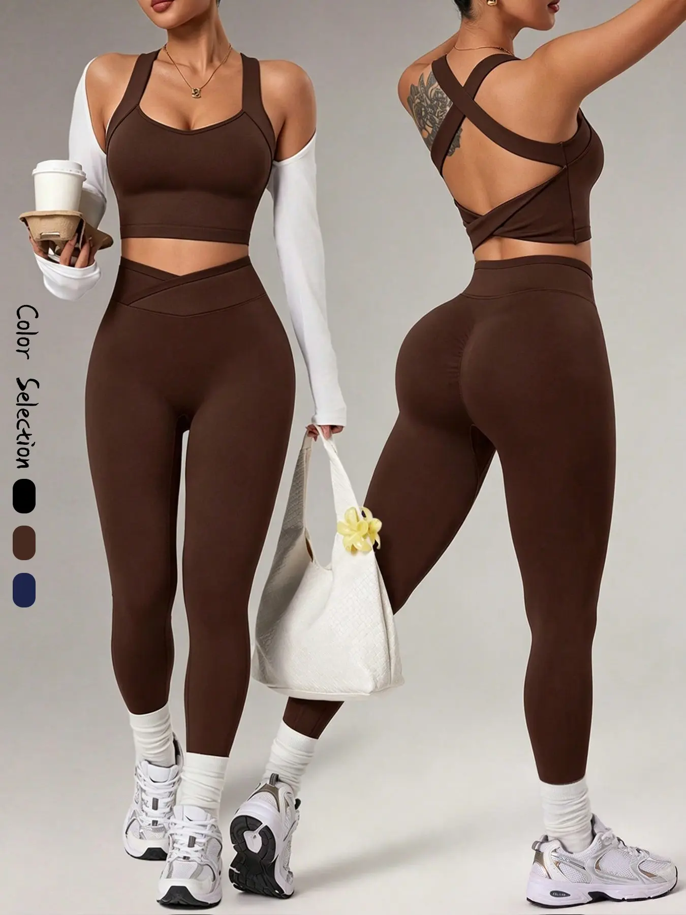 2-Piece Colorblock Women's Sportswear Set, 300g Stretch Seamless Yoga, Outdoor Indoor Fitness Clothes, Running Hiking Walking Pilates All Seasons