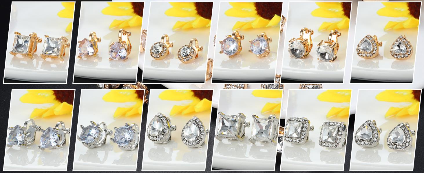 LOYALLOOK 10Pairs Cubic Zirconia Clip On Earrings for women Square Heart Ear Clips Earring Crystal Non-Pierced Clip Earrings