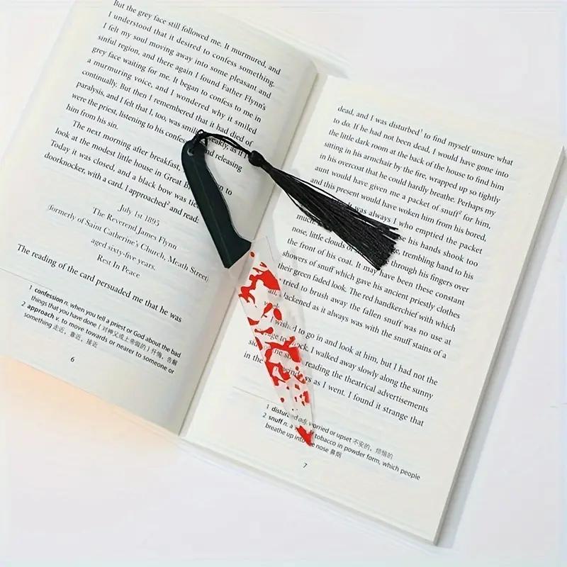 Gothic Horror Acrylic Bookmark Set, Blood Knife Design with Tassels, Durable Transparent Page Markers for Halloween Reading