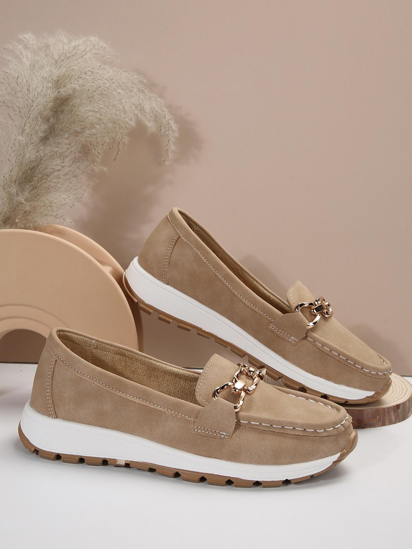 Women's Casual Sporty Slip-On Low-Top Shoes, Lightweight Comfortable Fashion Round-Toe PU Leather Shoes with Chain Decoration, Slip On Style