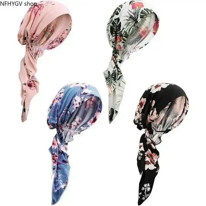 Women 4-Pcs Pre-Tied Polyester Chemo Turban Headscarf Set, Comfortable Daily Head Covers For Cancer Patients, Hair Loss Head Wrap Accessory For Ladies Daily Wear & Valentine’s Gifting Use