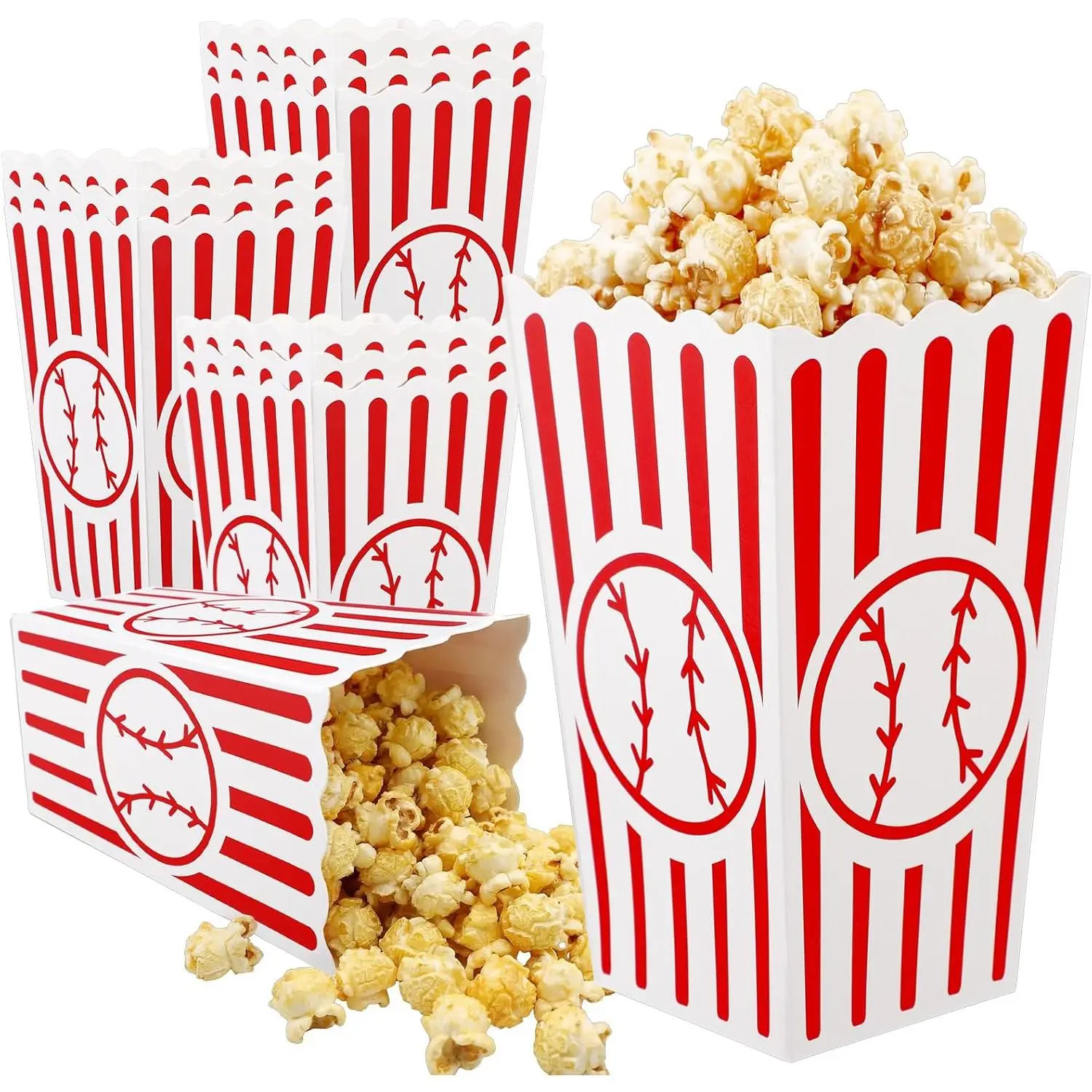 Yexiya 100 Pcs Baseball Popcorn Boxes Cardboard Popcorn Bucket Baseball Snack Bags Treat Boxes Container for Sports Themed Birthday Party Favors Supplies Senior Night Gift Decor
