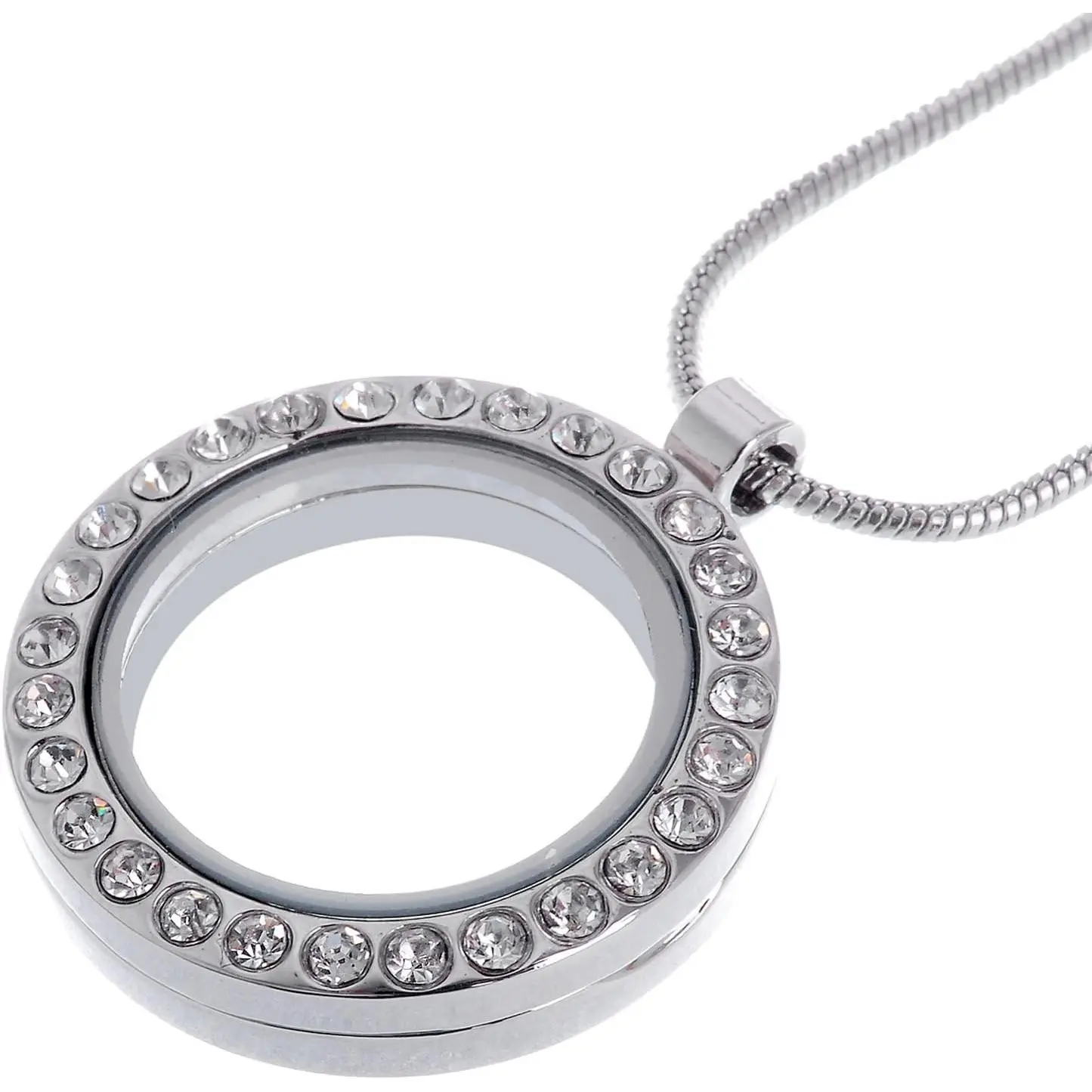 Living Memory Round Locket Snake Chain Necklace Crystal Floating Charm DIY Silver Tone 1Pcs