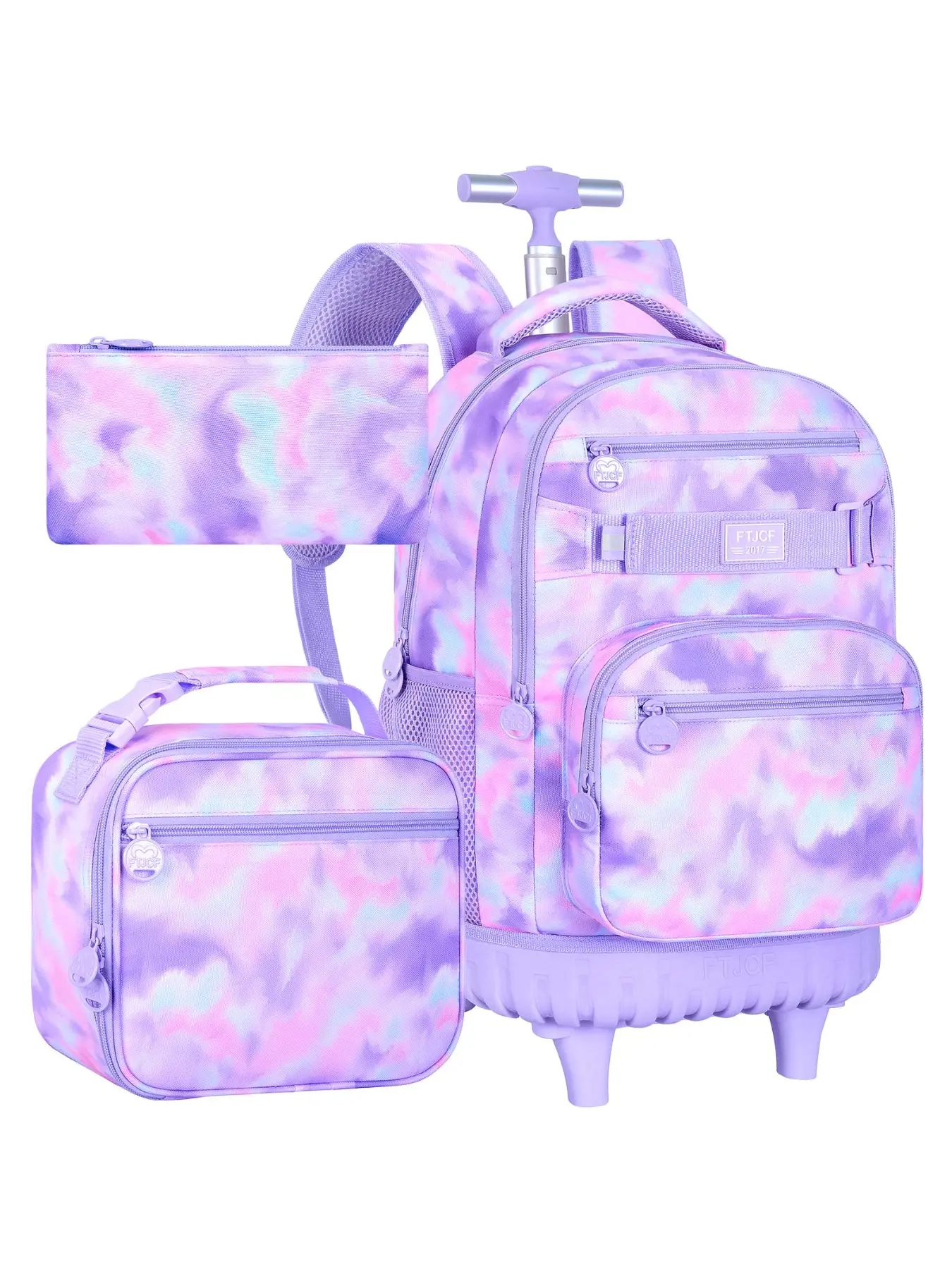 3Pcs Rolling Backpack for Girls, 19 Inche Women Roller Bag with Wheels for Adults, Wheeled Bookbag with Lunch Box(Purple)