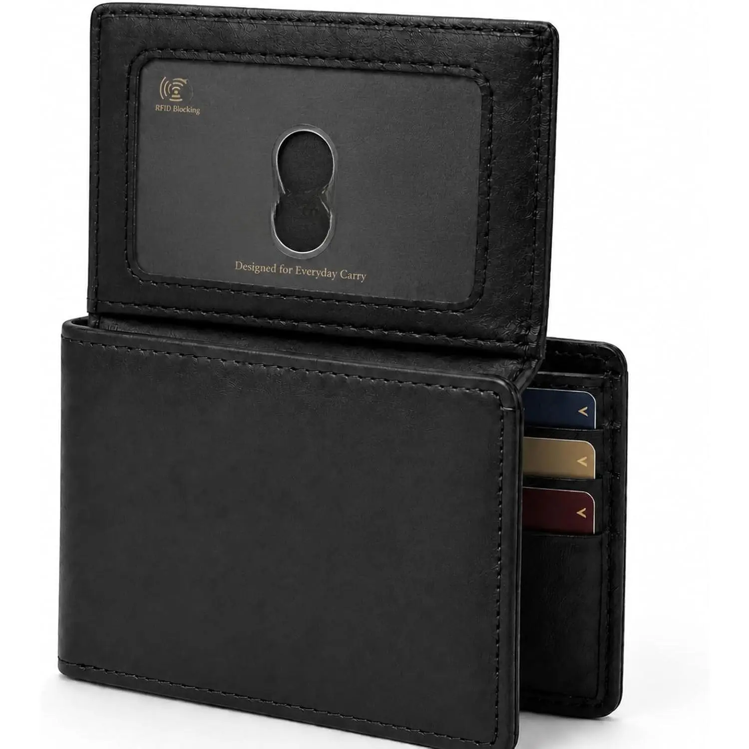 Men's Bifold Wallet - Black RFID Blocking Slim Faux Leather Card Holder with Card Slots, Slim Profile, Front Pocket Design, Minimalist Accessory, Men's Gift Ideas, Included Box, Men’s Wallet