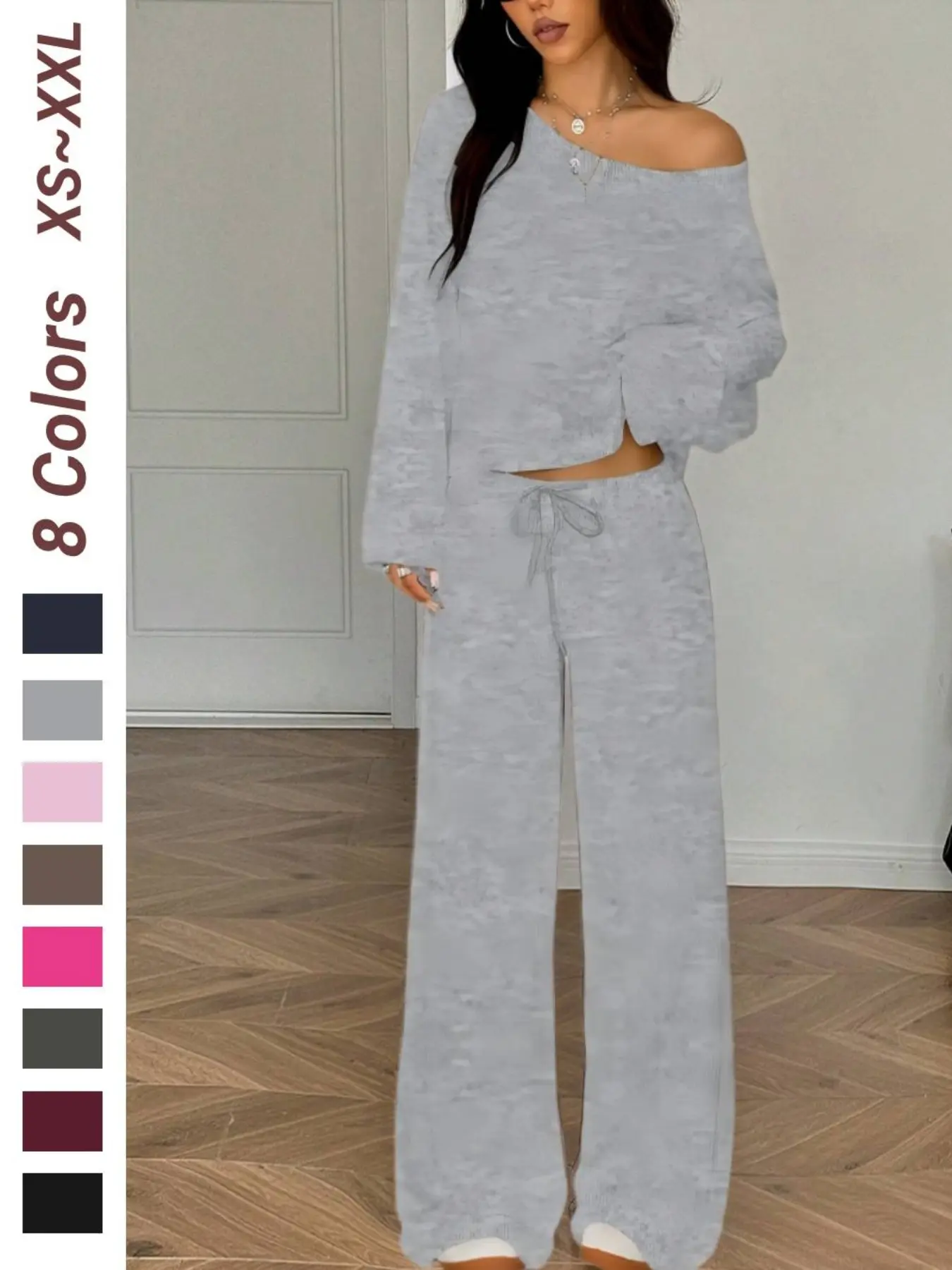 One Shoulder Off-Shoulder Long Sleeve Top and Wide Leg Baggy Pants Set Outfit, Casual Home Wear, All Seasons, Style, Women's Fashion