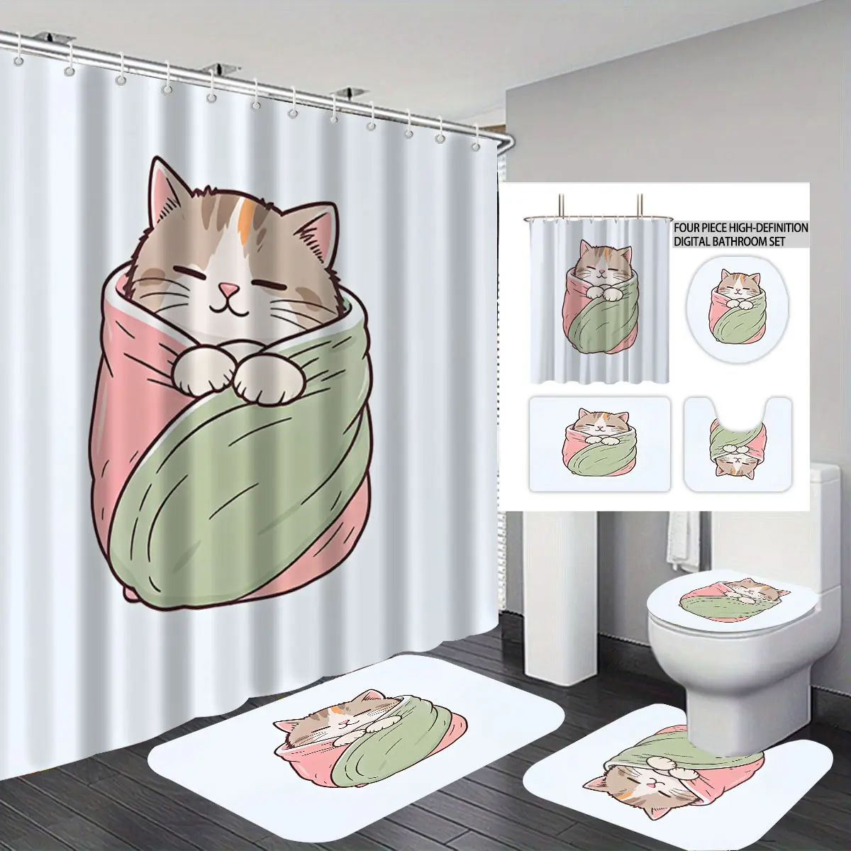 4 piece cartoon cat-themed bathroom set, including a non-slip bath mat, toilet seat, and bath rug. A modern bathroom decoration, featuring a bathroom set with 12 hooks.