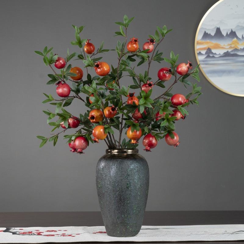 Artificial flower 6-headed pomegranate branch with pomegranate fruit ornament for housewarming, New Year's decoration, home living room floor decoration