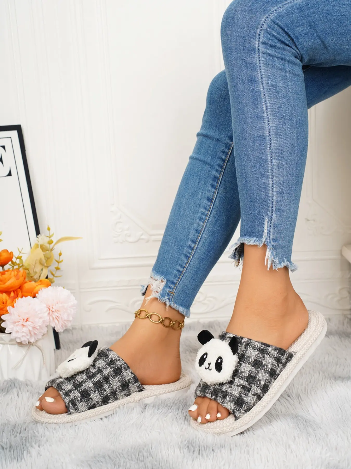 Women's Cute Panda Slippers, Plaid Pattern Indoor Home Shoes, Soft Fabric Open-Toe Slippers, Comfortable Bedroom Slippers