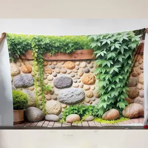 Outdoor Garden Decor Banner, Rustic Wooden Top & Ivy Background, Natural Stone Deck & Potted Shrubs, Smooth Round Stones Highlight Plants
