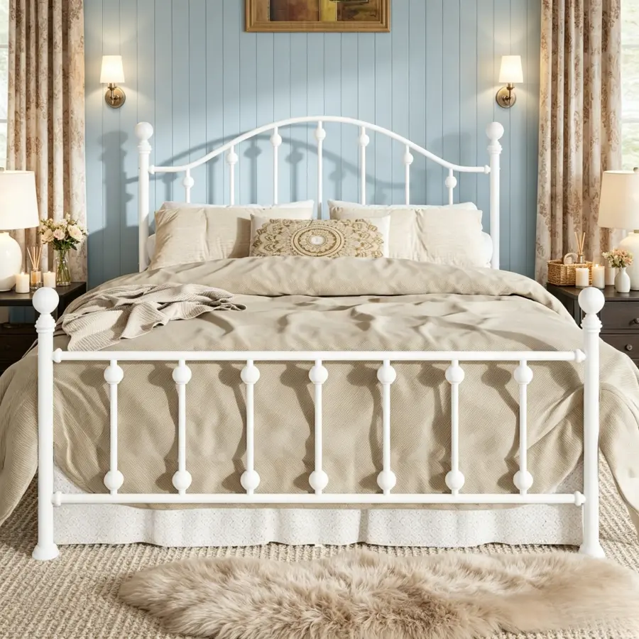 White Victorian Wrought Iron Metal Bed Frame Twin/Full/Queen/King, Curved Classic Headboard & Footboard, Platform Bed, No Box Spring Needed