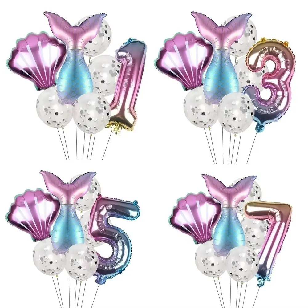7pcs/set Mermaid Theme Birthday Latex Balloons, Aluminum Foil Mermaid Number Balloons, Kids Birthday Party Decoration Balloon Kit