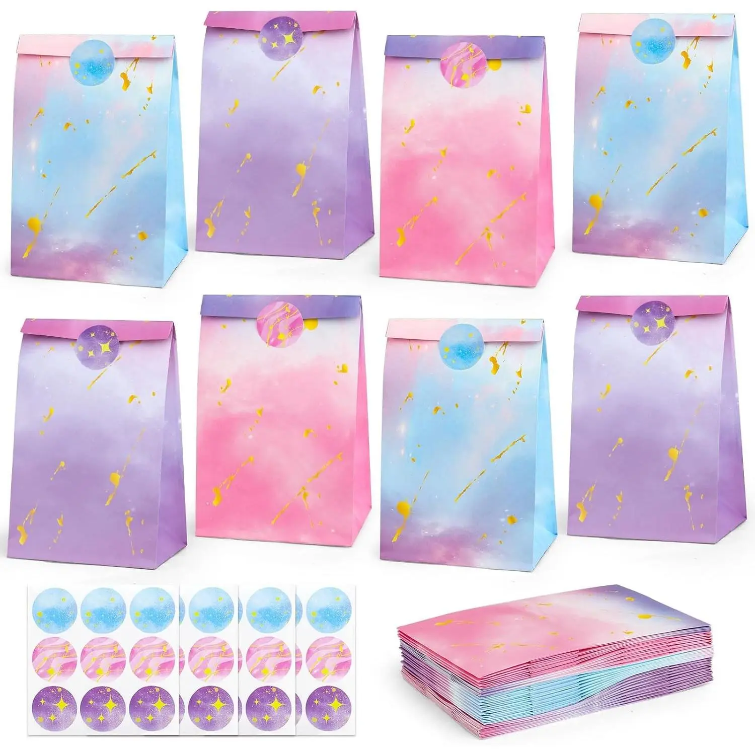 30PCS Tie Dye Party Bags with Stickers, Pink and Purple Small Gift Bags, Mermaid Unicorn Birthday Party Favors Bags for Girls Goodie Bags for Kids Birthday Party, Baby Shower, Halloween, Wedding