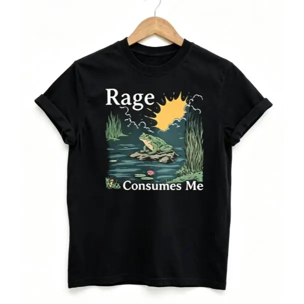 Women's 100% Pure Cotton Round Neck Short Sleeve Tee - Rage Consumes Me Moody Swamp Frog Storm Pond Retro Art, Unisex Dark Humor Comfortable Fabric Casual Top, Soft Breathable Relaxed Fit, Hand Wash, Summer Vacation Outfit
