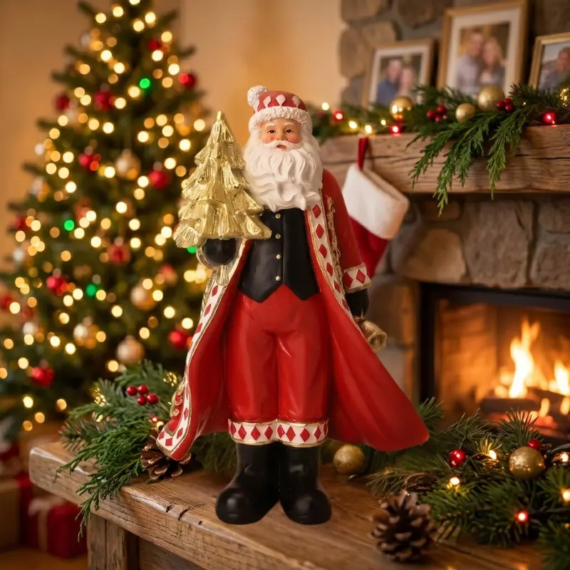 Upuilpuil 8.6" Traditional Resin Santa Claus Figurine Holding Golden Christmas Tree, Vintage Christmas Santa Statue Tabletop Decor for Home Fireplace Mantel Living Room Indoor Holiday Decorations, Bookshelf, Festive Home Decoration