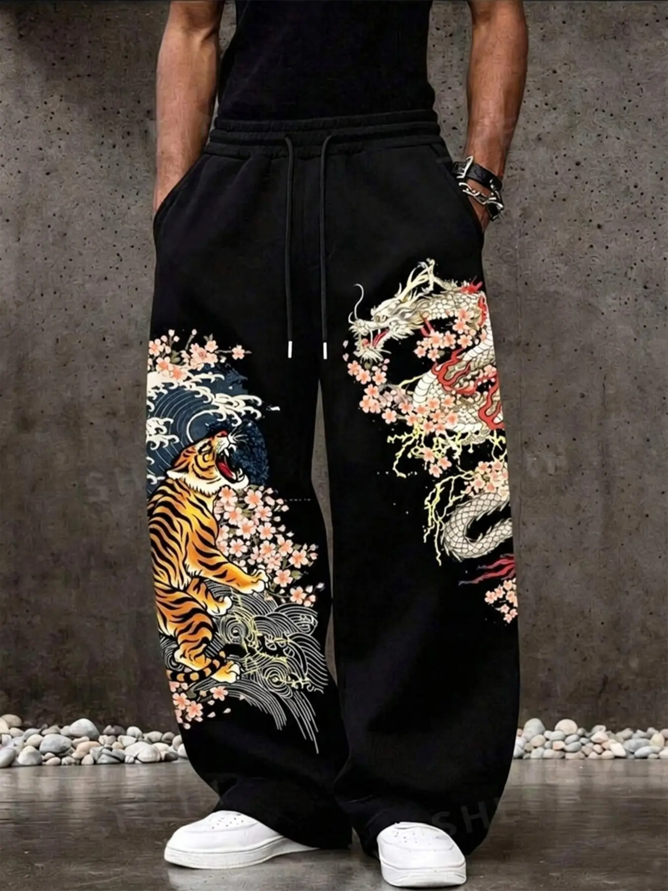 Men's Dragon Tiger Cherry Blossom Print Wide Leg Casual Comfy Baggy Sweatpants, New Chinese Style Casual Long Pants, Drawstring Elastic Waist, Loose Fit, Side Pockets, Casual Trouser Sweatpants