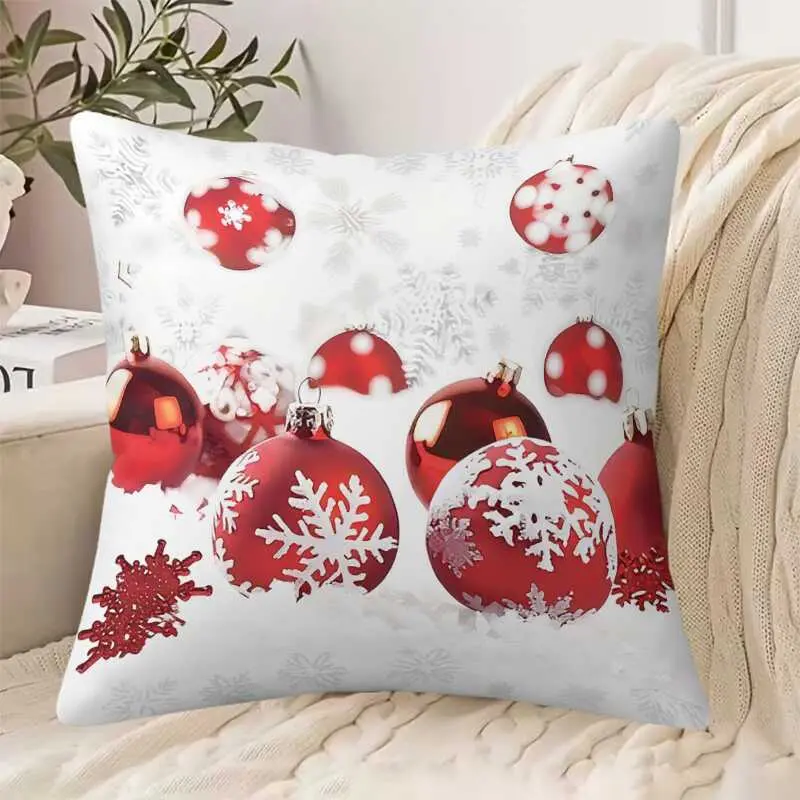 1 Christmas Day pillowcase, Christmas ball, snowflake, red multi size single-sided printed pillowcase, machine washable, zipper closure, Christmas decoration, sofa, living room, bedroom, polyester cushion cover (without pillow core)