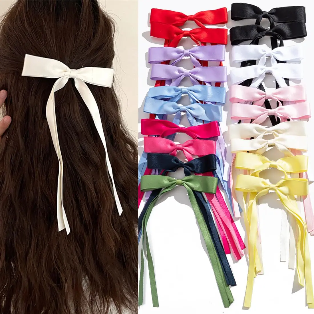Women's Plus-Size Bow Pattern Claw Hair Clips - 20 Ribbon Bowknots with Long Tails, Reusable Party-Ready Hair Styling Barrettes for Females, Reusability