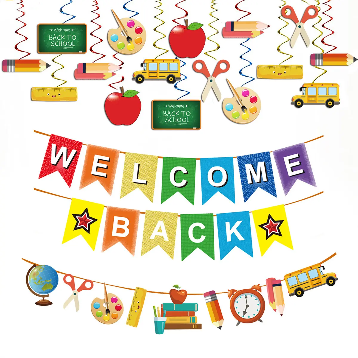 Back to School Party Decor Kit with Decorative Letter Banner, Paper Bunting, and Spiral Pendants for Classroom and School Opening Parties, Banners, Cotton, Letters, Welcome Back Banner