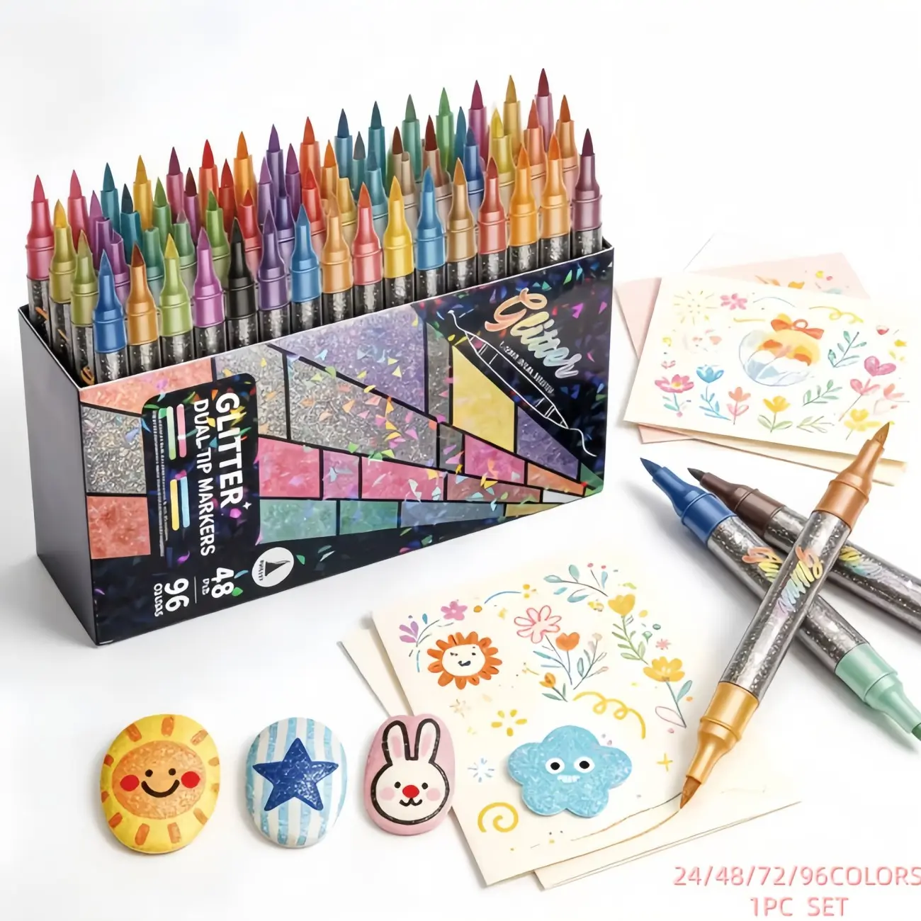 Dual-Head Flash Markers Set, Double Ended Markers, 24/48/72/96 Colors, Metallic & Fine Tip, Ideal for DIY Crafts, Cards, Mugs, Wood Decor, Sketching, Art, Drawing Markers