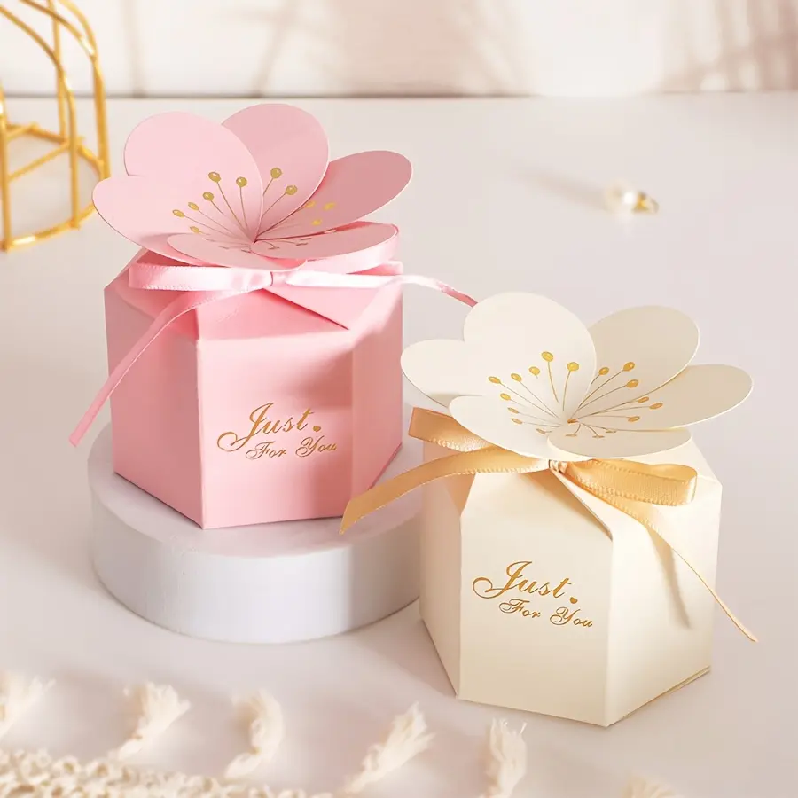 12 cute cherry blossom hexagonal gift boxes with ribbons, golden foil printed paper candy boxes, Gift Packaging Box, portable small gift boxes perfect for wedding favors, bridesmaids gifts, birthday parties, valentines day and party supplies