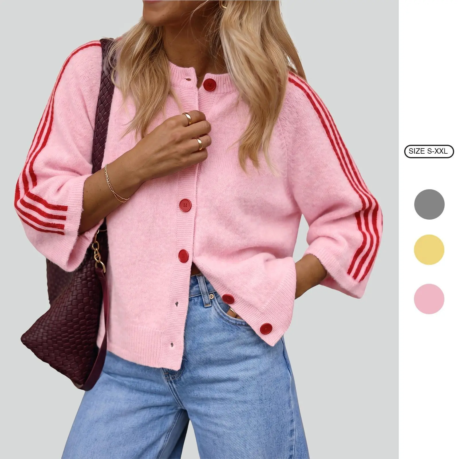 Imily Bela Women Striped Sleeve Knit Cardigan Casual Crew Neck Button Down Cropped Sweater Jacket Y2K Fall Outfits