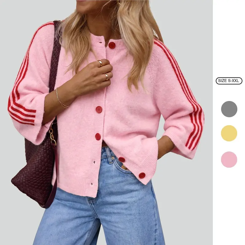 Imily Bela Lady's Striped Long Sleeve Knitting Cardigan Top - Casual Crew Neck Button-Down Cropped Jumper, Y2K Fall Outfit Sweater Jacket