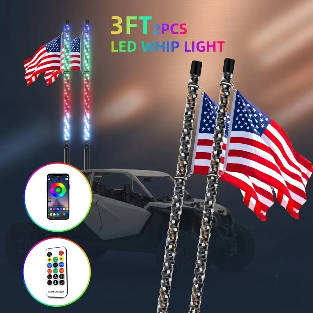 3FT RGB LED Whip Lights Off-Road Automotive Accessory With Remote For UTV ATV Trucks Car Light Embellishments Valentine's Day Gift
