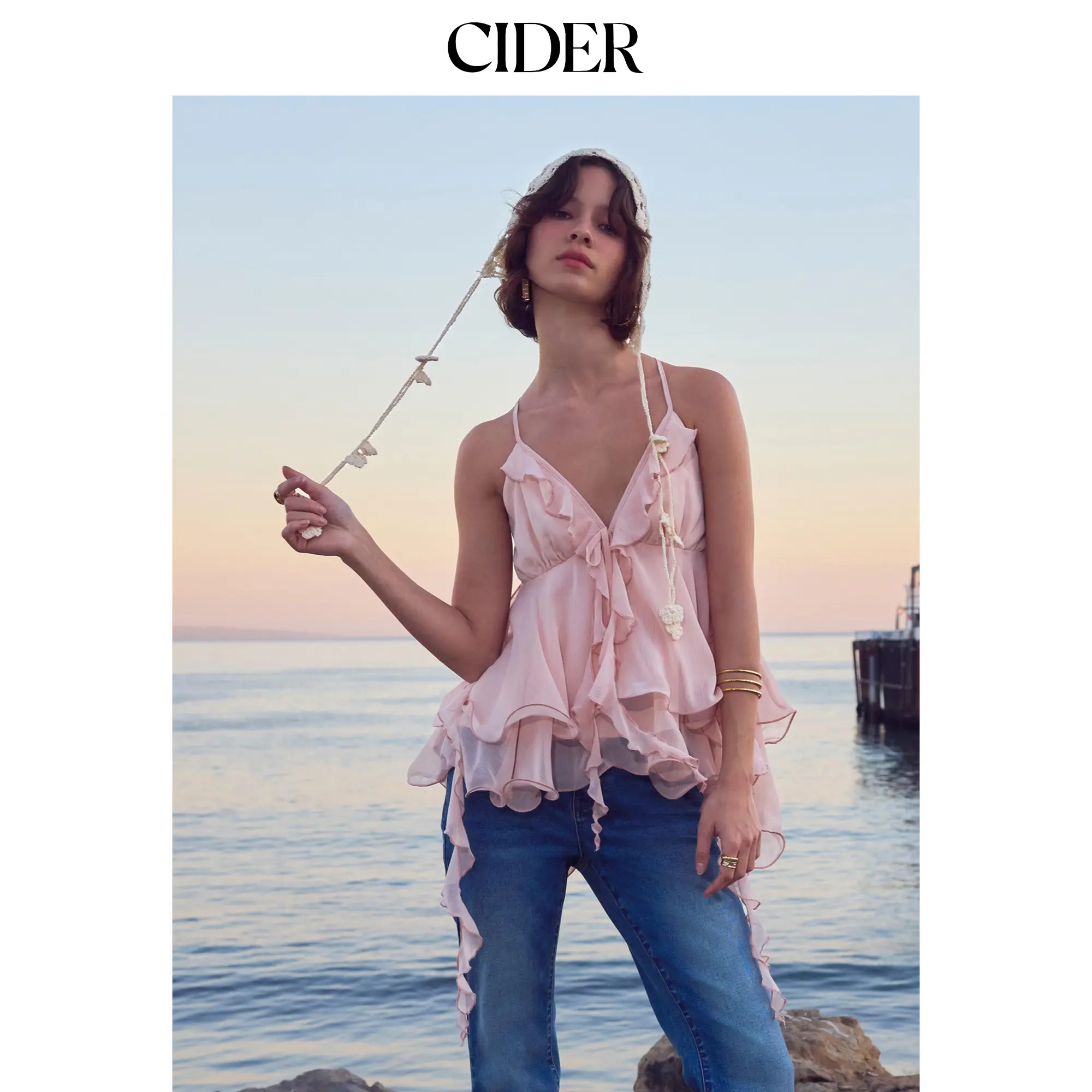 Cider Chiffon V-neck Ruffle Hem Layered Blouse