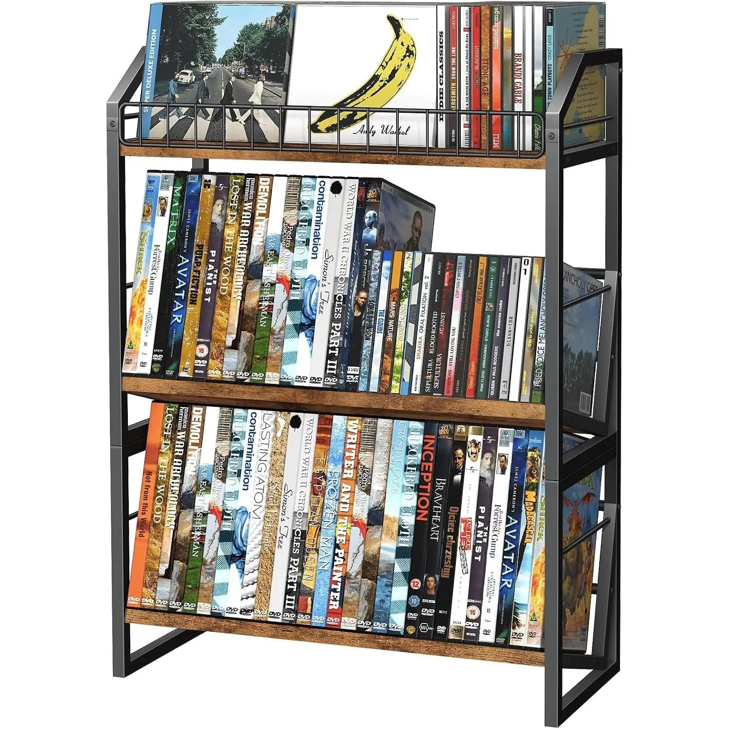 3-Tier CD Storage Rack,  DVD Holder with 2-in-1 Assembly Design, Tilting CD Organizer Tower Holds Up to 112 CDs or 78 DVDs, Table Top DVD Display Stand for  Enthusiasts, Rustic Brown