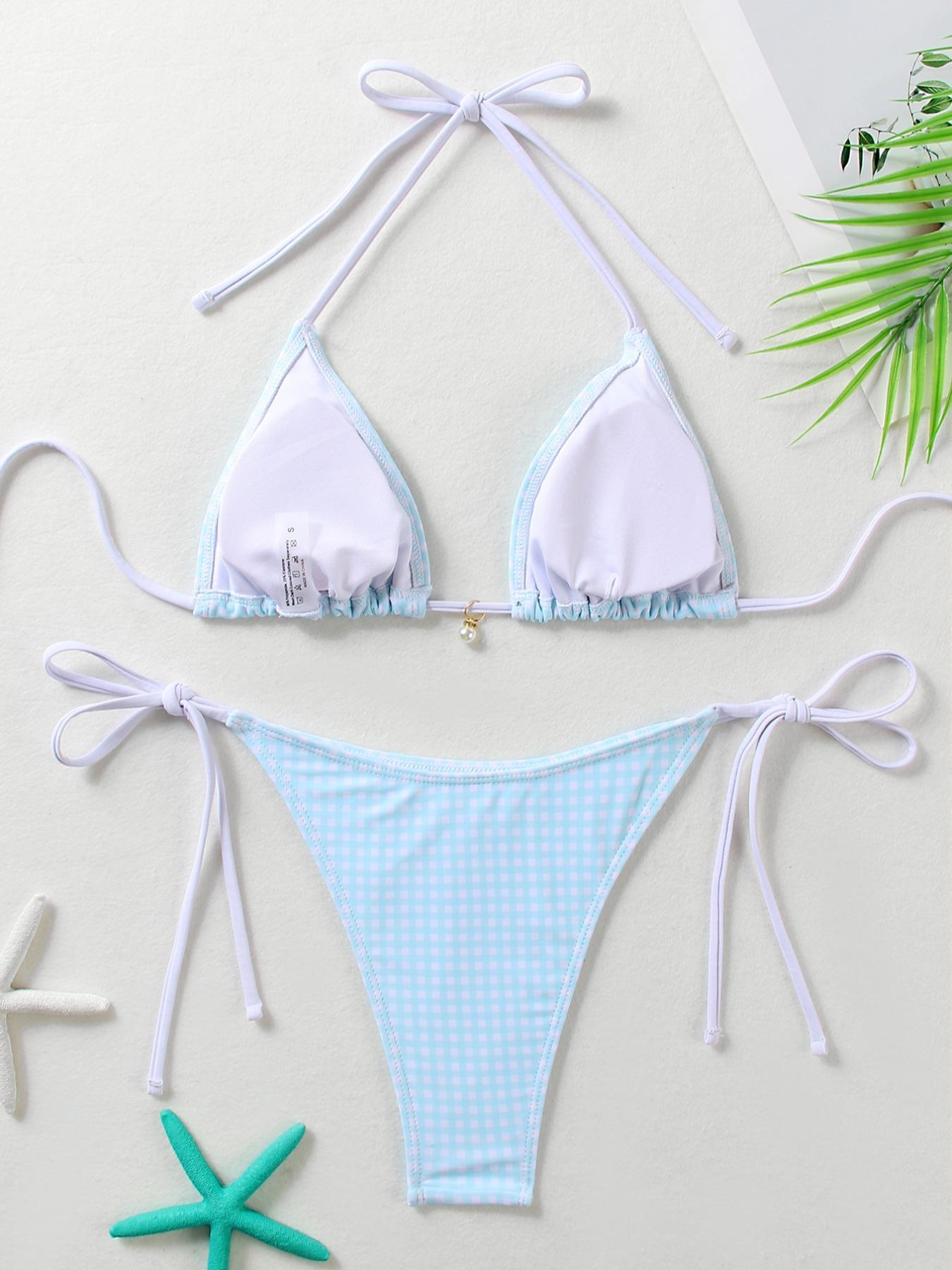 Two-piece Set Women's Gingham Print Halter Ruched Bikini Set, Casual Fashion Chic Swimwear Set for Beach Holiday Vacation, Ladies Swimsuit for All Seasons
