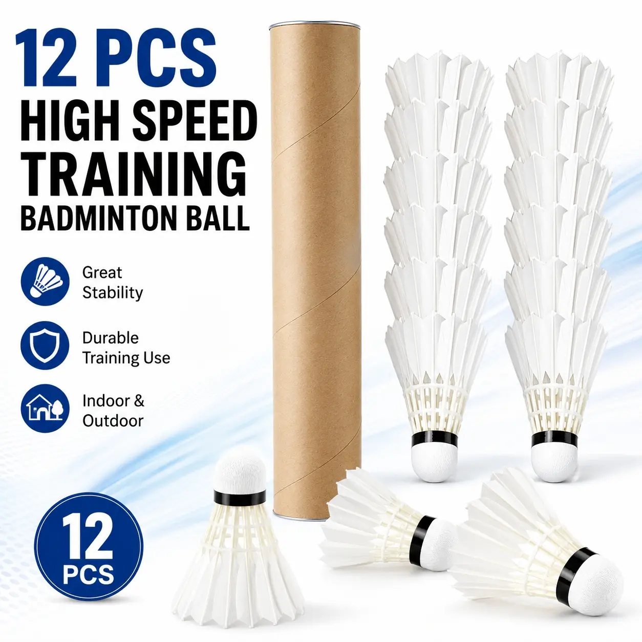 12 Pcs Feather Badminton Shuttlecocks Set, Professional High Speed Training Birdies with Stable Flight, Durable Goose Feather & Cork Head, Wind Resistant Shuttle Balls for Indoor Outdoor Practice, Backyard Games, Club Training