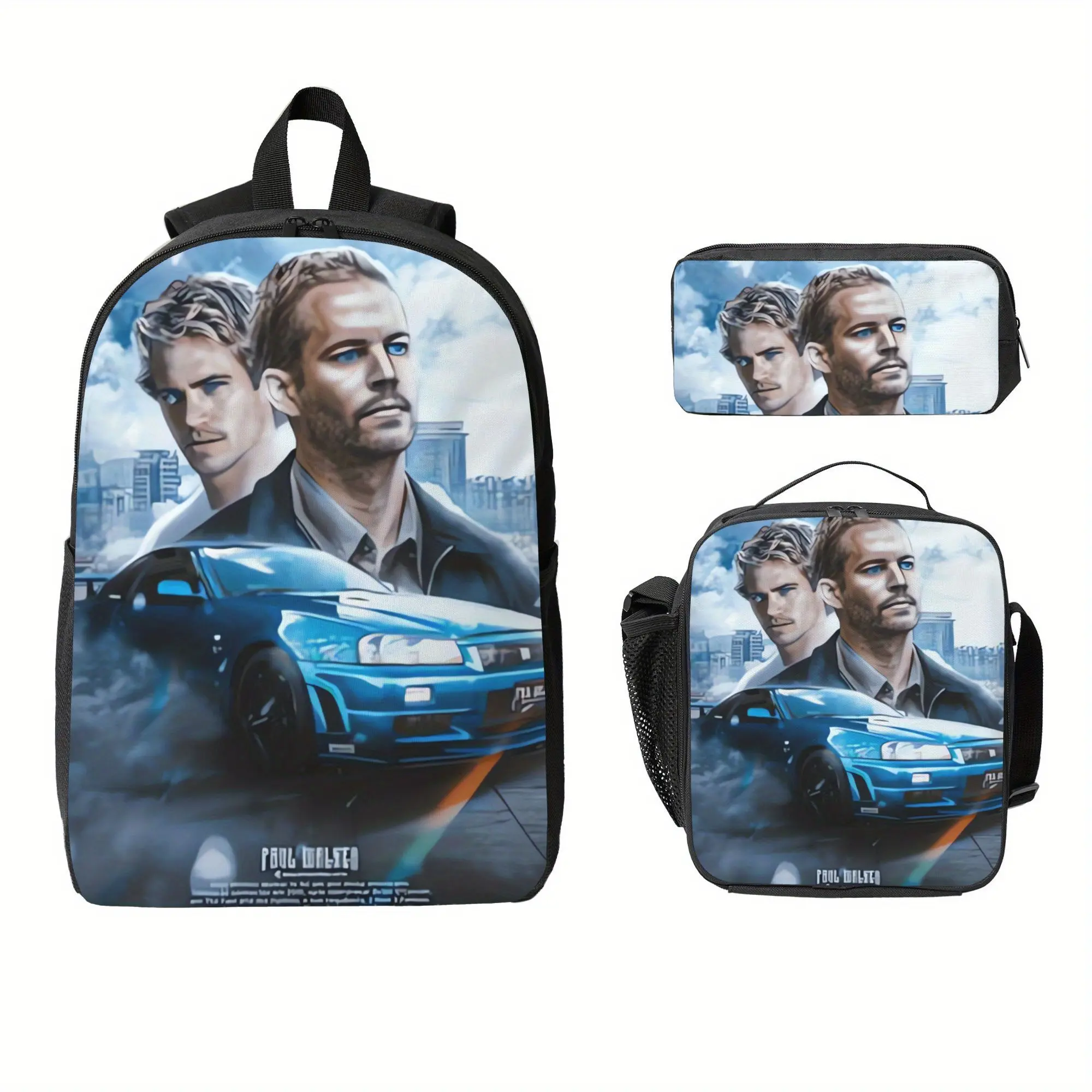 Fast & Furious Paul Walker Blue Skyline Sports Car 3Pcs Backpack Set, 2D Flat Print Waterproof Oxford Backpack + Insulated Lunch Bag + Pencil Case, Full Print Racing Movie Storage Kit For Car Fans Boys Teens School Travel Daily Use