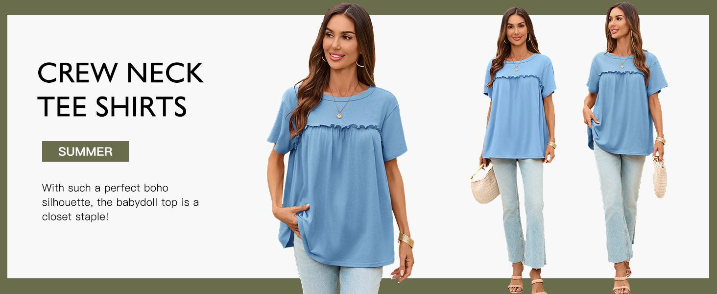 Womens Summer Babydoll Tunic Tops Pleated Short Sleeve Crew Neck Peplum T Shirts Casual Loose Fit Outfits Womenswear Blouse church outfit Breathable Chic Womens Summer Babydoll Tunic Tops Pleated Short Sleeve Crew Neck Peplum T Shirts Casual Loose Fit Outfits Womenswear Blouse church outfit Breathable Chic