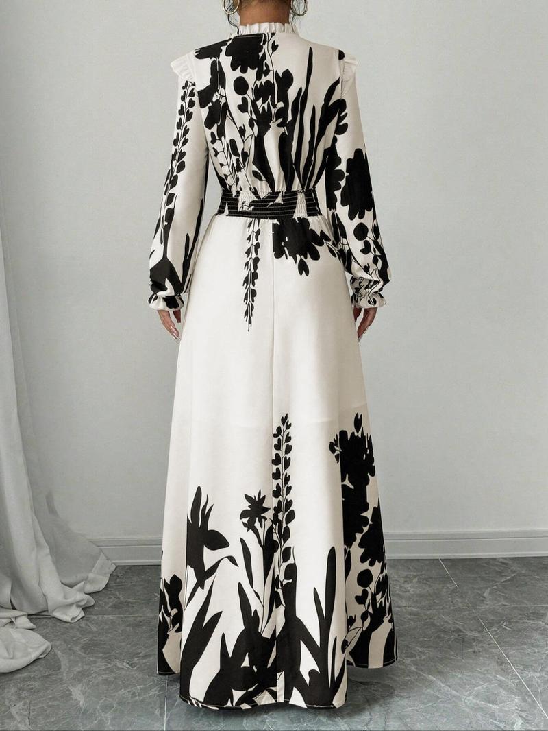 Women's Floral Print Self-Tie Neckline Dress, Fall Winter Long Sleeve A-Line Skirt Set, Bohemian Elegant Style, Slimming Waist Design