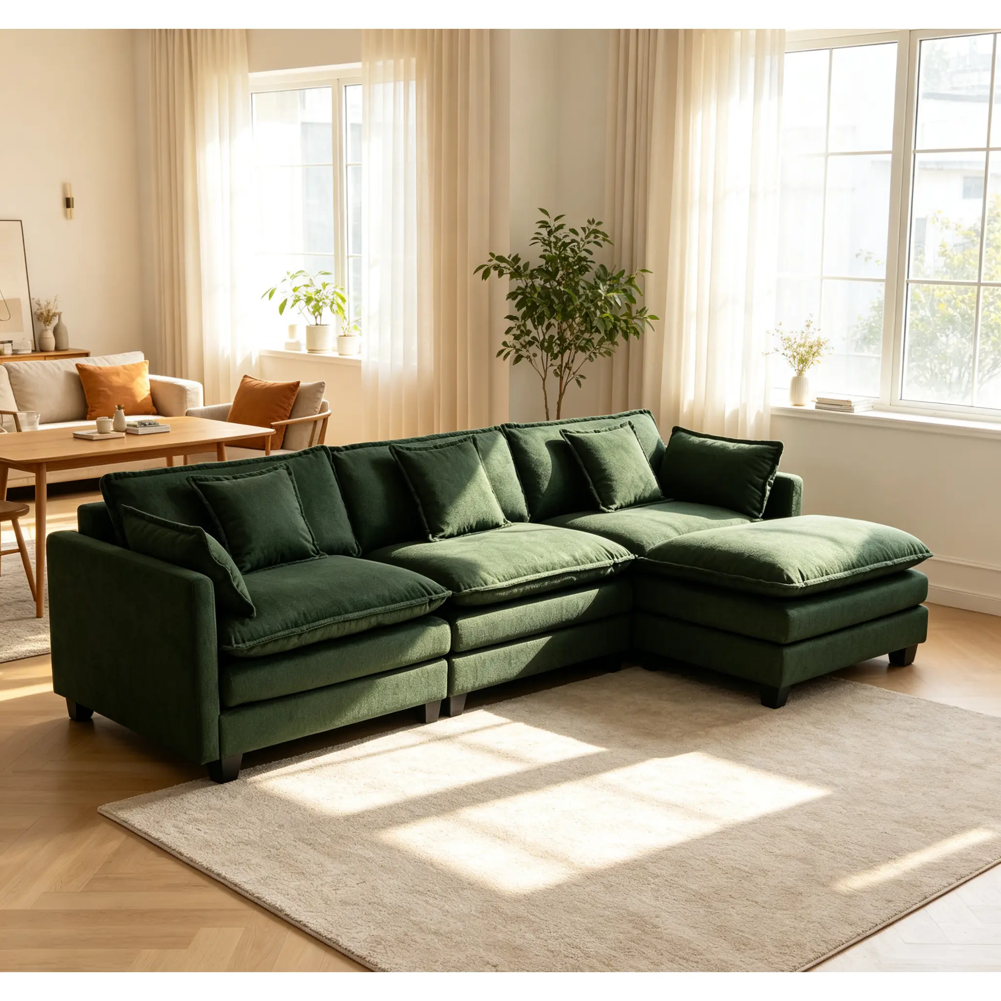 ARCH Modern 3-Seat Chenille Sectional Sofa with Ottoman, 113.77" Upholstered Chenille Couch with Waist Pillows, Symmetrical Sleeper with Chaise Lounge for Living Room, Antique Green, Three Seats