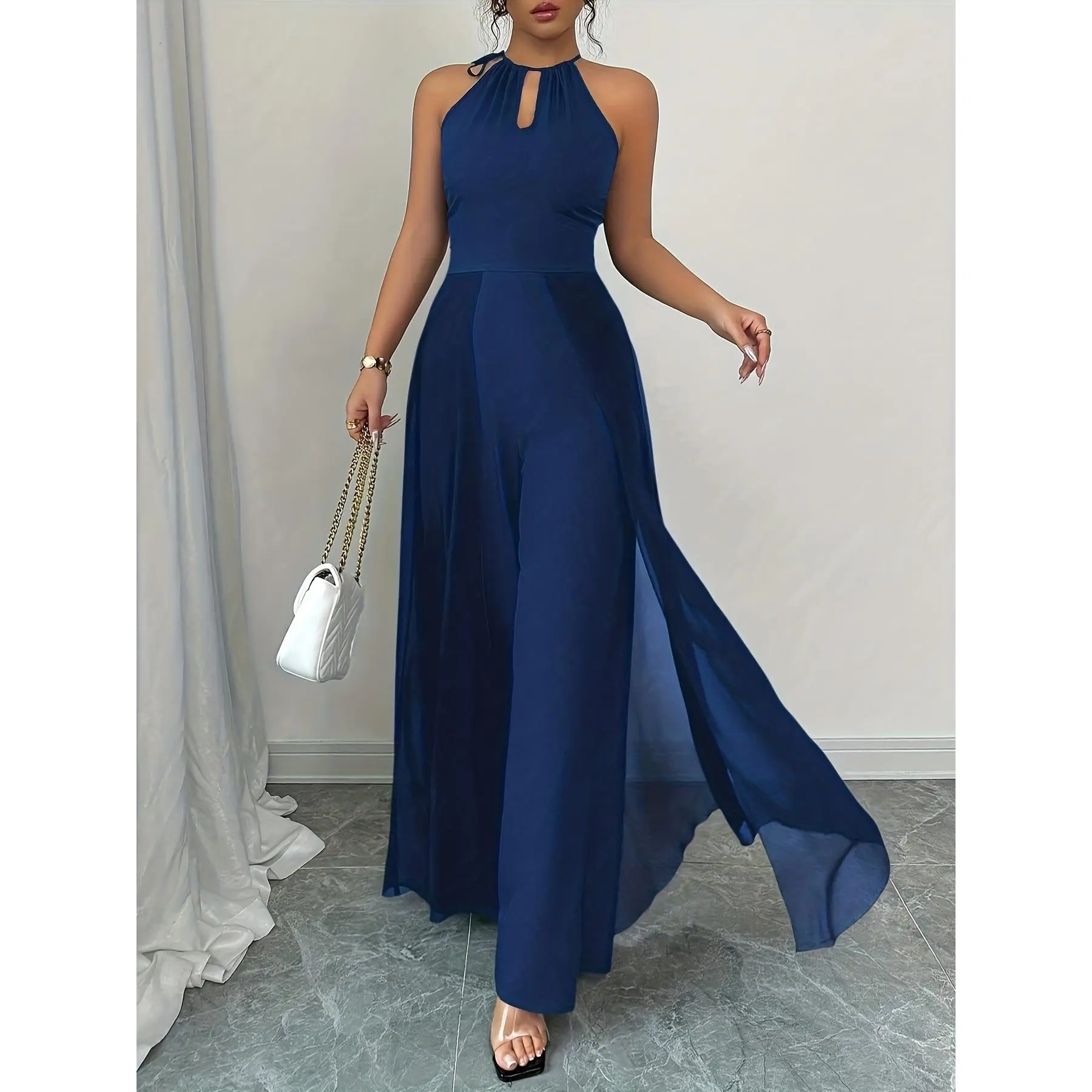New Women's Fashion Summer Solid Color Elegant Commuter Backless Tie V-Neck Hollowed-out Waist Corset Chiffon Hem Slim Fit Jumpsuit