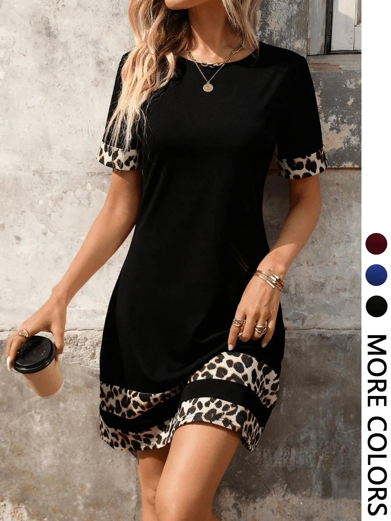 Women's Chic Crew Neck Short Sleeves Mini Dress, Leopard-Print Contrast Cuffs and Hem, Straight-Cut Soft-Stretchy Breathable Fabric, Casual Fit for Daily Wear, Office Commute and Weekend Gatherings
