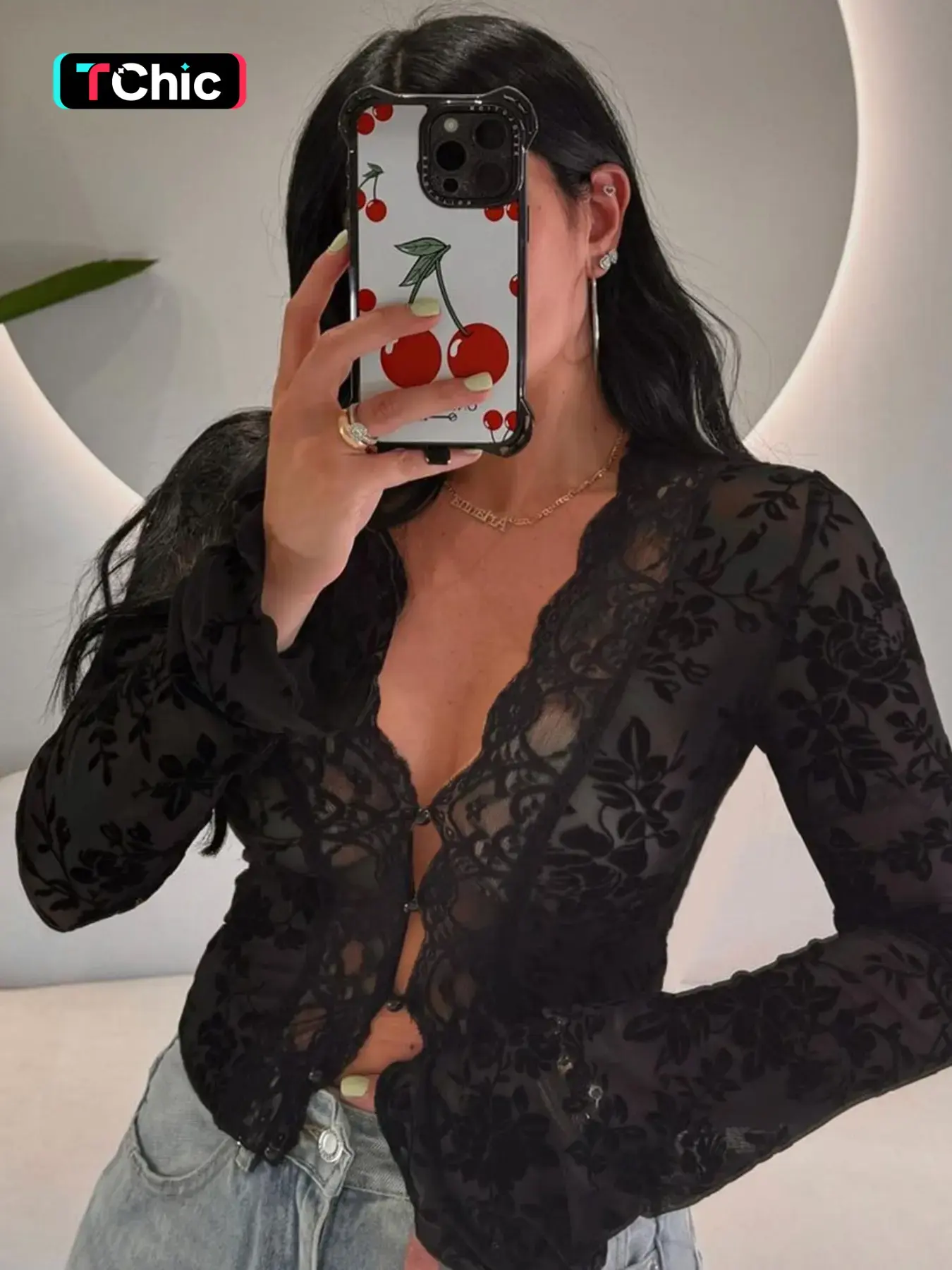 Women's Floral Pattern Sheer Mesh Crop Top, Casual Scallop Trim Flounce Sleeve V Neck Top, Ladies Clothes for Party Club, Womenswear