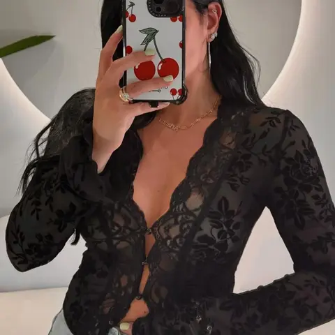 Women's Floral Pattern Sheer Mesh Crop Top, Casual Scallop Trim Long Sleeve V Neck Blouse Top, Ladies Clothes for Party Club, Womenswear