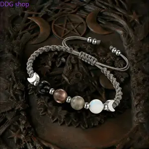 Witchy Natural Crystal Beaded Bracelet - Mixed Obsidian, Smoky Quartz, Labradorite Moonstone Dark Gradient Soft Cord Jewelry for Spiritual Healing, Emotional Balance, Daily Wear & Witchy Style