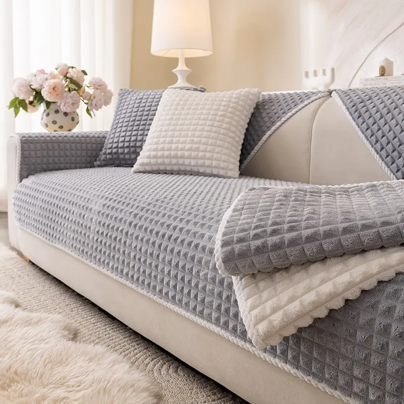 1pc Plush Sofa Cushion, Pet-Friendly, All-Seasons Non-Slip Dustproof, Checkerboard Pattern, Reusable Sofa Pad