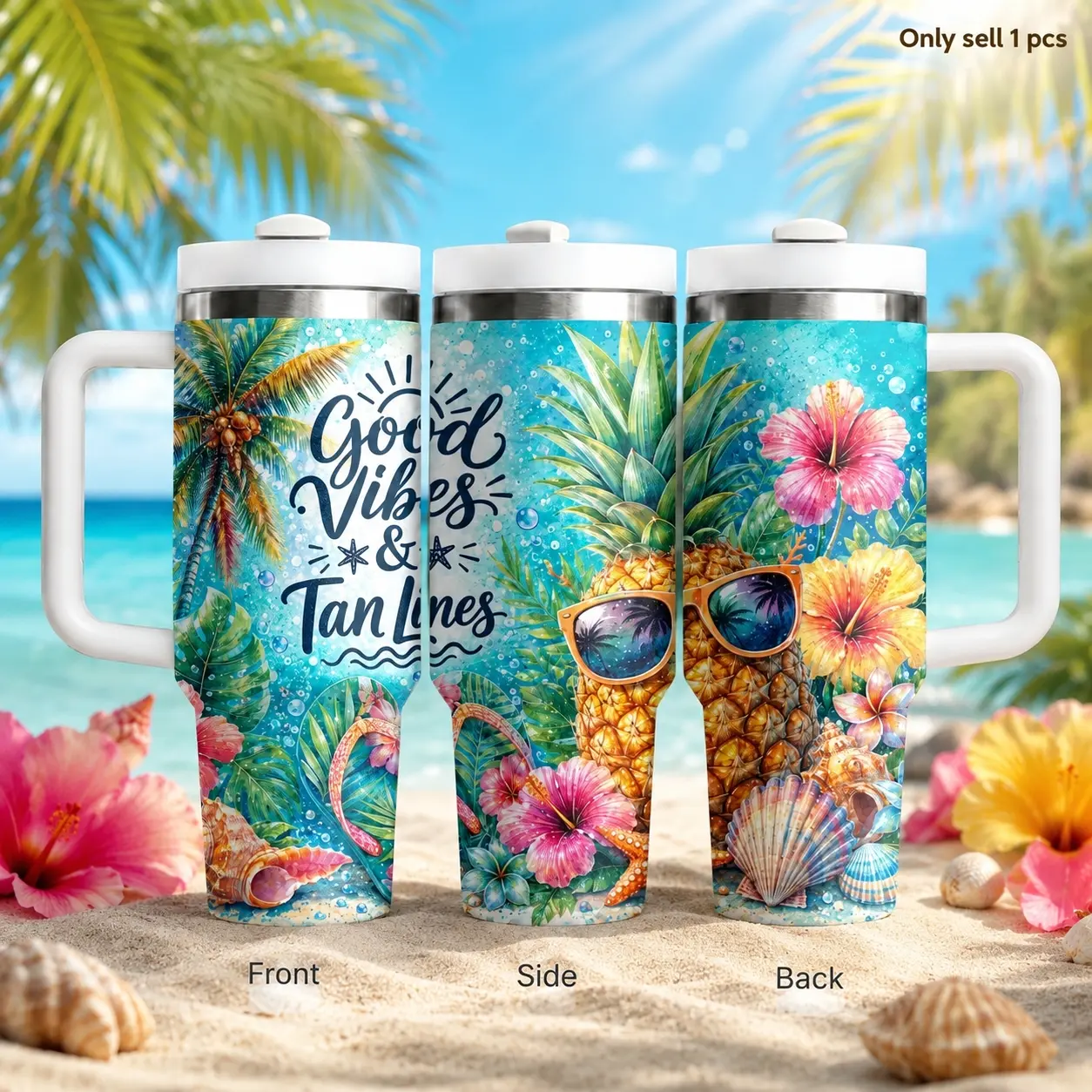 Summer day Ocean Life Splash Pineapple turtle Vacuum Flasks 40oz Stainless Steel Insulated Tumbler with Handle & Straw Leakproof Travel Mug Drinkware Vacuum Flask