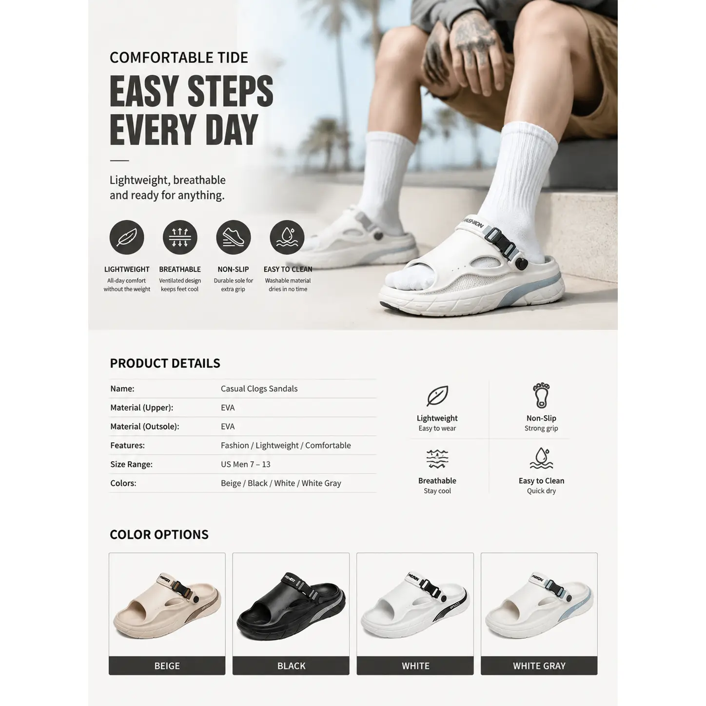 Men's Lightweight Clogs Shoes Breathable Slip On Sandals Quick Dry Non Slip Walking Shoes Casual Outdoor Comfort Footwear,Quick-Drying,Non-Slip,Shower Slippers,beach,Unisex-Adult,Adilette,Shower Slide,cotton,,grinch,large,size,showershoes,flexible,
